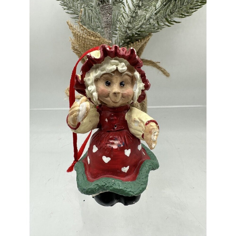 Christmas Figurine Mrs. Santa Claus Ornament Red Dress With Hearts Floppy Hat